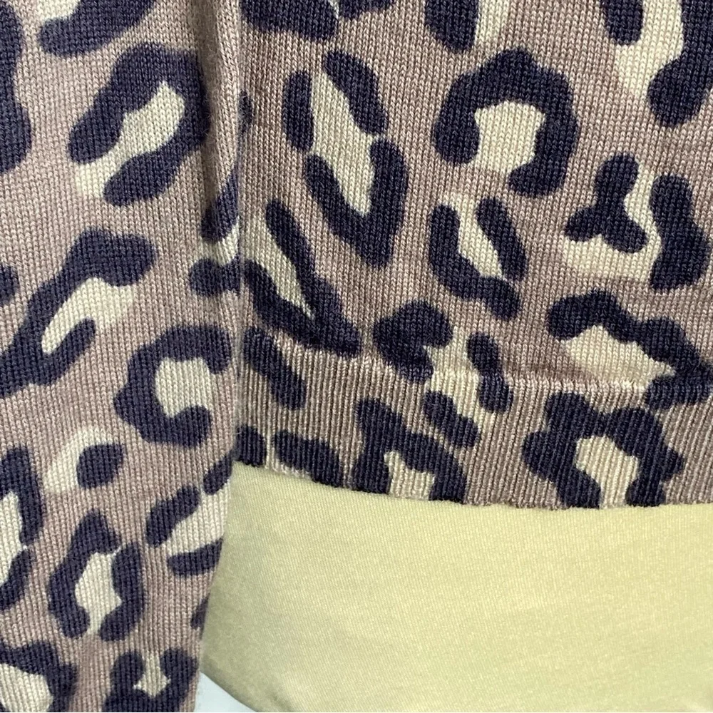 Boden Leopard Wool Button Front Crew Neck Cardigan Sweater